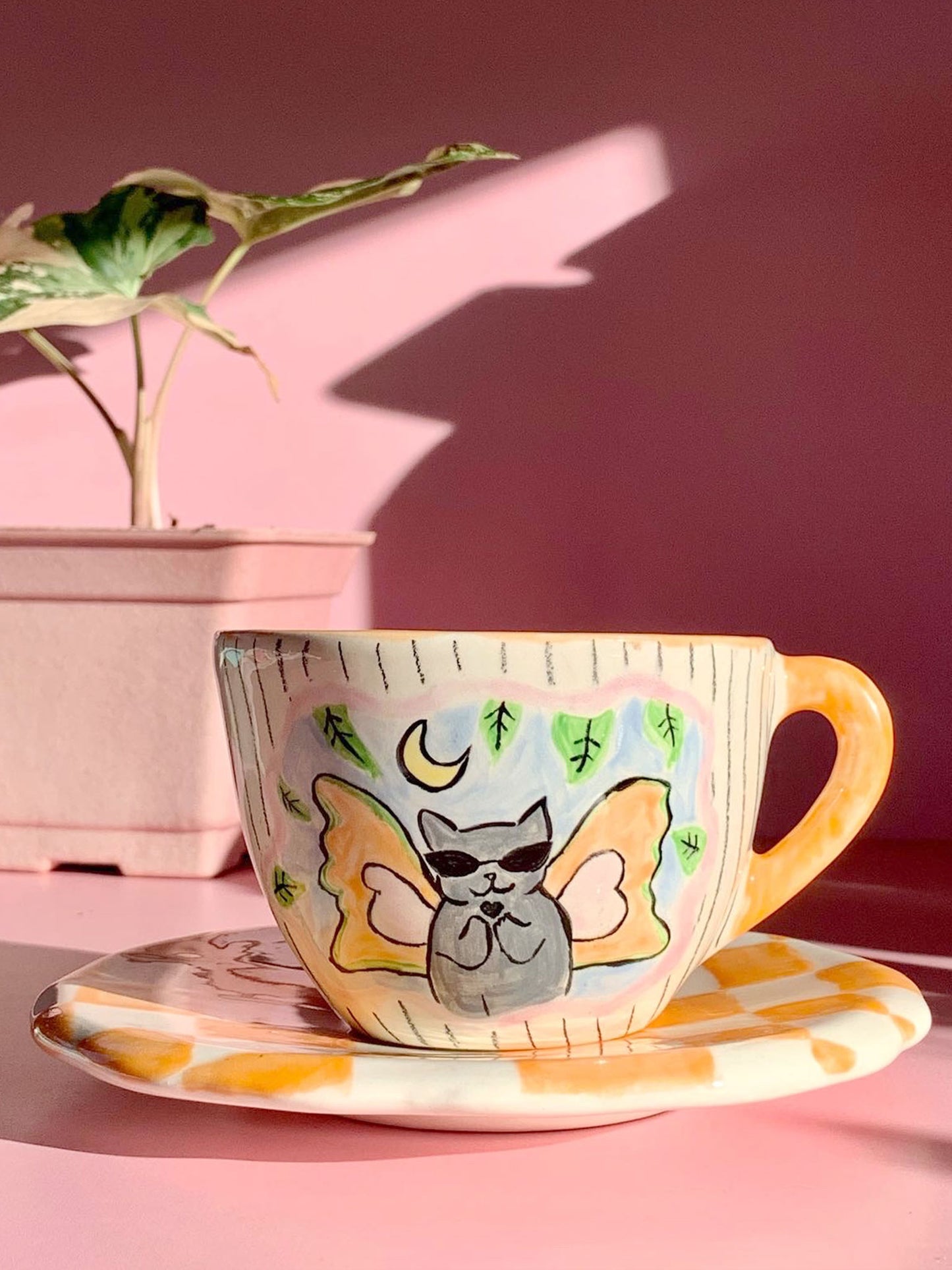 Taza más plato - Mujer y gato